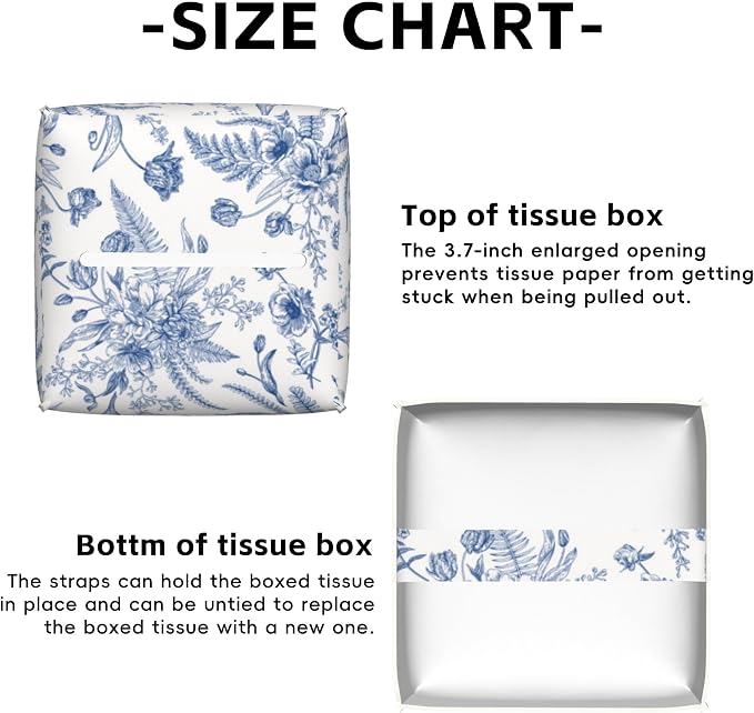 Blue Flowers Tissue Box Cover Square,Tissue Box Holder with Belt Bottom,Stylish Leather Napkin Holder for Vanity Countertop,Nightstands,Office Desk,5.2"×5.2"×5.2"