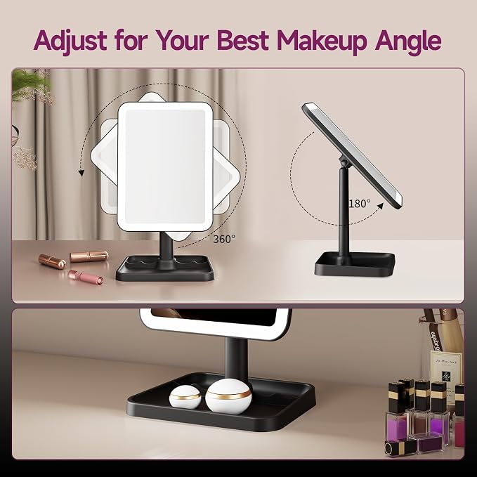 FUNTOUCH Rechargeable Vanity Makeup Mirror with Lights,Black | 10X Magnification,3 Color Lighting Touch Dimmable Portable Desk Mirror with Light,360°Rotation Led Mirror & Storage