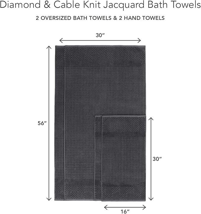 Texere 100% Organic Cotton Jacquard Towel Sets (Black (Diamond), 2 Bath & 2 Hand Towels)