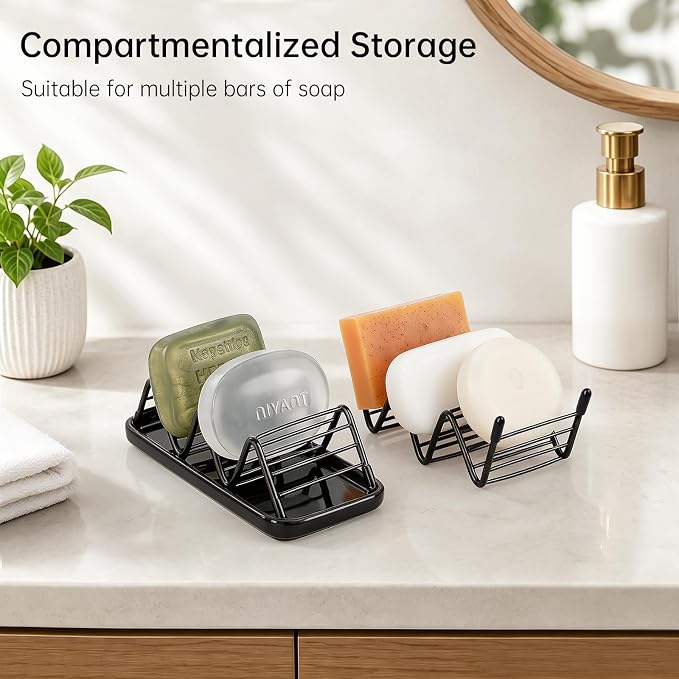 Stainless Steel Soap Dish Self Draining Bar Soap Holder, Black | Reversible Design Fits 2-3 Bars, Rustproof, Easy to Clean, Space Saving, Non Slip, for Bathroom, Shower, Kitchen