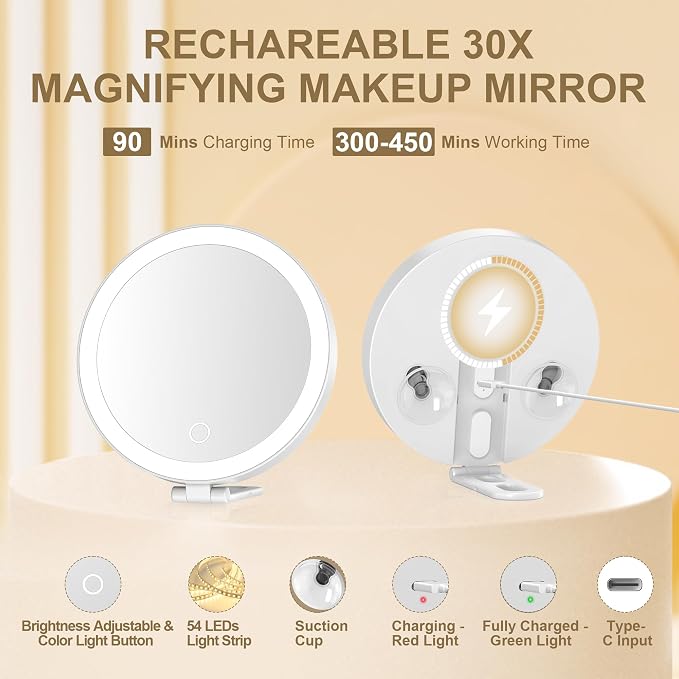 Mocado 30x Magnifying Mirror with Light, 6" Magnifying Mirror Suction Cup | 3 Colors Light, Dimmable Touch, 0-100% Brightness Adjustable, Stable Stand, 2000mAh Rechargeable, Handheld Mirror,(White)