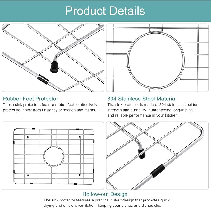 Stainless Kitchen Sink Protector - 20" x 14" with Center Drain | S304 Sink Grids for Bottom of Kitchen Sink, Center Drain for Single Bowl Kitchen Sink with Corner Radius