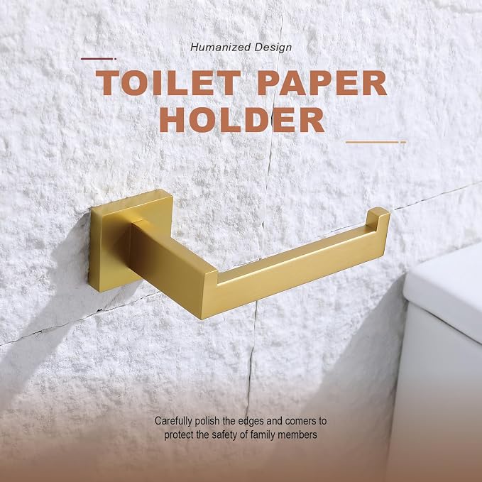 TASTOS Toilet Paper Holder Brushed Gold, Toilet Tissue Roll Holders Dispenser and Hangers Wall Mounted for Bathroom & Kitchen, Stainless Steel Modern Square Style
