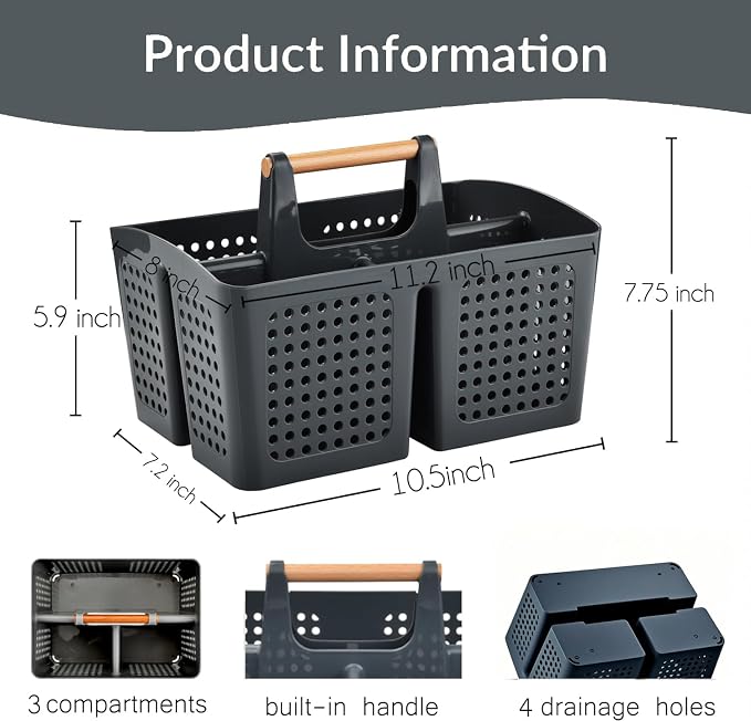 Portable Shower Caddy Basket with 3 Compartments and Handle, Dark Gray | Plastic Divided Cleaning Caddy Organizer for Laundry Rooms, Garages, Bathrooms, RVs, Cabinets and Under-Sink Storage