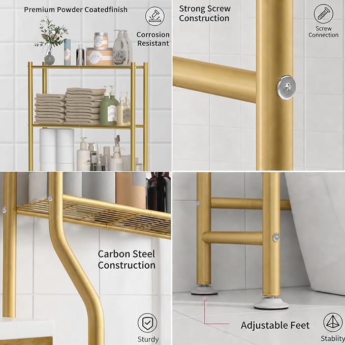 GloTika 3-Tier Over Toilet Storage, Anti-Tilt, 64" H, Gold | Anti-Tilt Safety System, 150lb Capacity, Carbon Steel, Freestanding, No Drilling, Anti-Rust Coating, Paper Holder & 4 Hooks