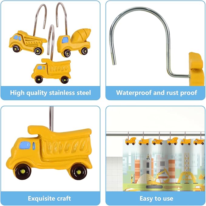 12-Piece Truck Construction Tractor Shower Curtain Hooks for Bathroom | Decorative Shower Curtain Hooks, Stainless Steel Shower Hangers Rings