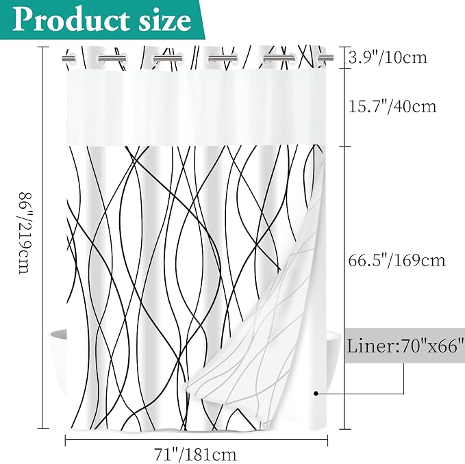 Black White No Hook Shower Curtain with Liner, 71 x 86 Inch | Stripe Pattern,Waterproof,Quick Dry,Mesh Top Window,Bottom Magnets,Hotel Style,Machine Washable,Modern,for Bathroom