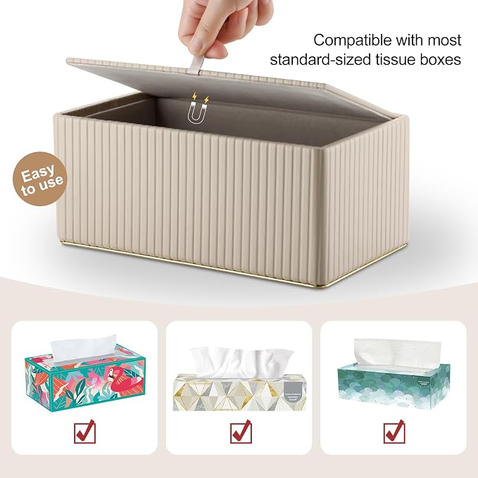 Rectangular Tissue Box Cover, PU Leather Tissue Box Holder with Magnetic Bottom, Napkin & Facial Tissue Holder Dispenser Decorative Box Cover for 120-count (3-Ply) 160-count (2-Ply) Beige