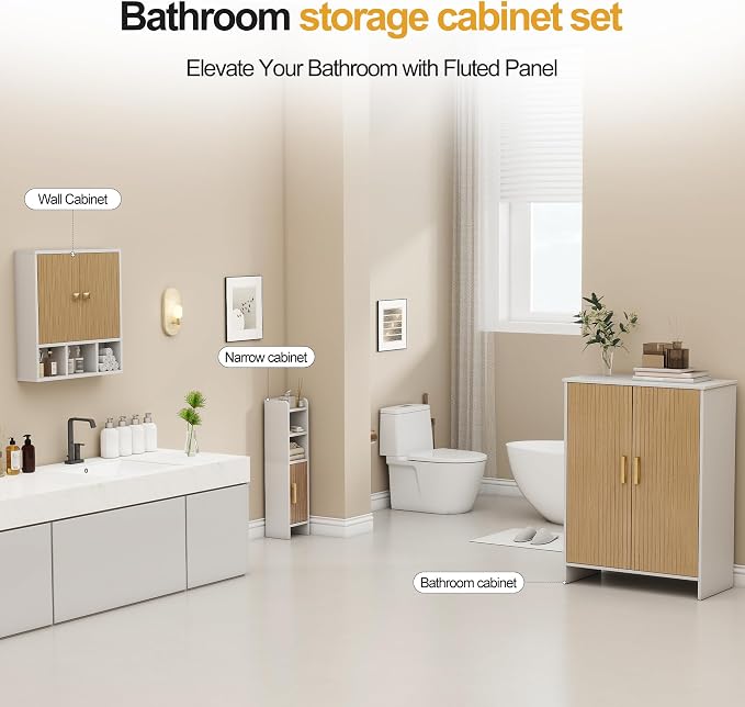 Bathroom Wall Cabinet,Wooden Medicine Cabinet with Fluted Doors Over The Toilet Storage Cabinet with Adjustable Shelf for Bathroom,White