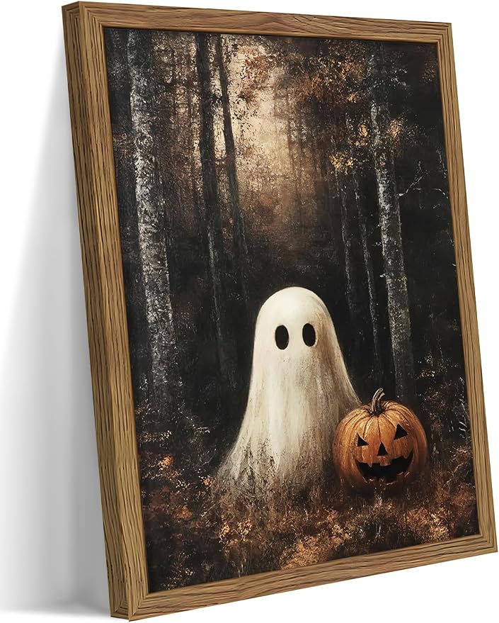 Framed Vintage Halloween Ghost Wall Art, Cute Ghost with Pumpkin Lantern Canvas Print, Retro Dark Halloween Forest Poster, Whimsical Wall Decor for Living Room Bedroom Hallway, 8x10in