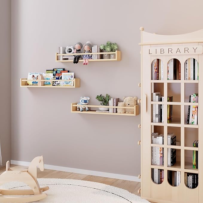 Fixwal Floating Nursery Book Shelves for Wall, 23.6in Set of 3 Natural Wood | Solid wood shelves store kids' books, toys and clothing. Fits kids' room, playroom, nursery, living room, bedroom & bathroom.