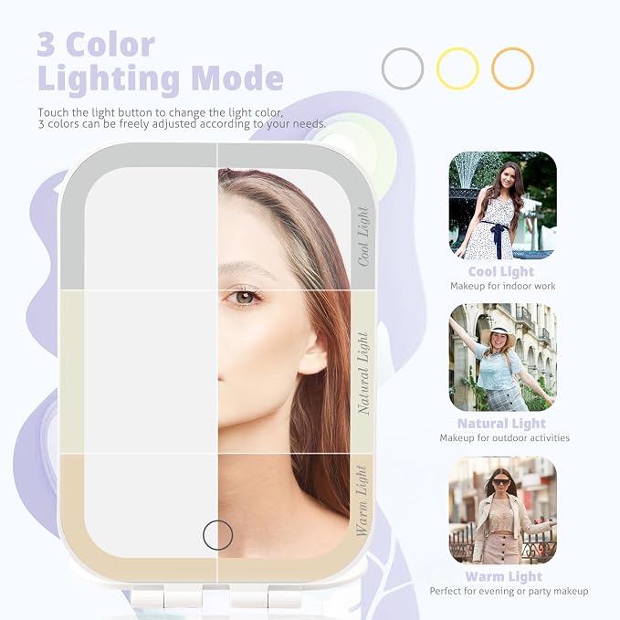Travel Makeup Mirror, Portable Rechargeable Mirror with Lights | USB-Rechargeable, 3 Color LED Lighting, Adjustable Brightness, 7.9x5.4 inch, 1200mAh Battery, Gift for Women and Girls, White