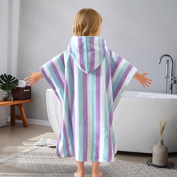 VOOVA & MOVAS Hooded Poncho Towel for Kids, 4-8 Years, Aqua Purple Stripe | Two-Tone Striped Craft, Soft Texture, High Absorbency & Fast Drying for All Water Activities