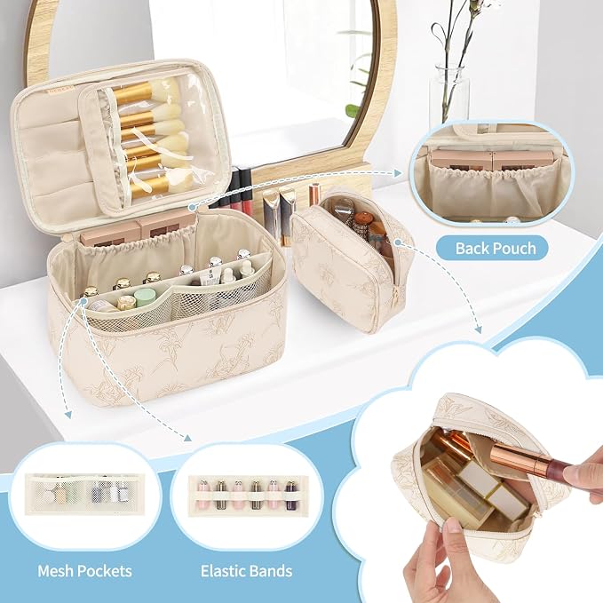 Makeup Bag Set, Portable Travel Makeup Bags Cosmetic Organizer Bag for Women Cute Floral Cosmetic Pouch Large Capacity Make up Bag PU Leather Toiletry Bags with Divider and Handle-Beige