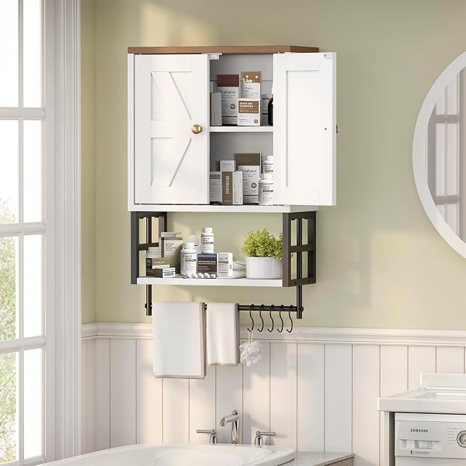 Bathroom Wall Cabinet, Farmhouse Medicine Storage with Towel Bar, White | 2 Doors, Adjustable Shelves & 5 Hooks. Space-Saving Wall Storage for Over Toilet, Laundry, Kitchen, Living Room