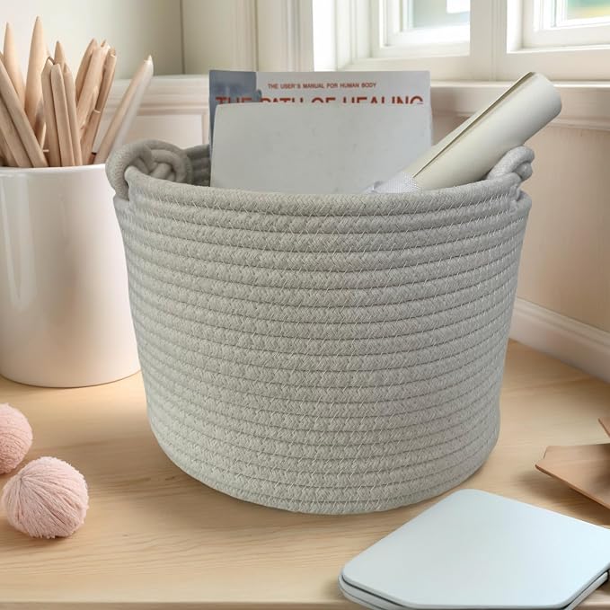 Bellar Small Rope Basket,Shelf Storage Baskets for Organizing,Cute White Storage Basket,Round Decorative Box for Kids,Woven Rope Storage Snack Storage Area Decorative Boxes Aesthetic -9.4’’*7.1’’