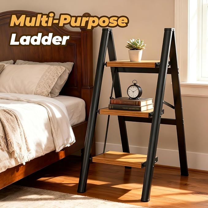HBTower 3 Step Ladder, Lightweight Aluminum Folding Step Stool | Anti-Slip Wide Pedal, 330lbs Capacity Step Ladder for Household Kitchen Office, BlackWoodgrain