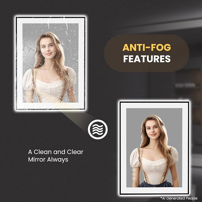 LOAAO 24"X32" LED Bathroom Mirror Black Framed | Anti-Fog, Dimmable, Memory Function, Tempered Glass, Lighted Vanity Mirror for Wall