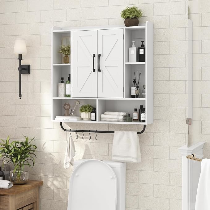 RUSTOWN Rustic Bathroom Wall Storage Cabinet with 2 Barn Doors, White | Farmhouse Medicine Cabinet, Wall Mounted, Space Saving, 3-Tier Adjustable Shelves, Towel Bar, 5 Hooks
