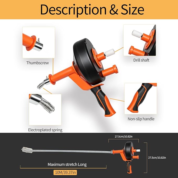 Drain Auger 33FT, Drain Snake with Drill Attachment, Flexible Plumbing Snake Clog Remover, Heavy Duty Manual Drain Cleaner Tool for Kitchen Bathroom Shower Sink, Includes Gloves & Cleaning Brush