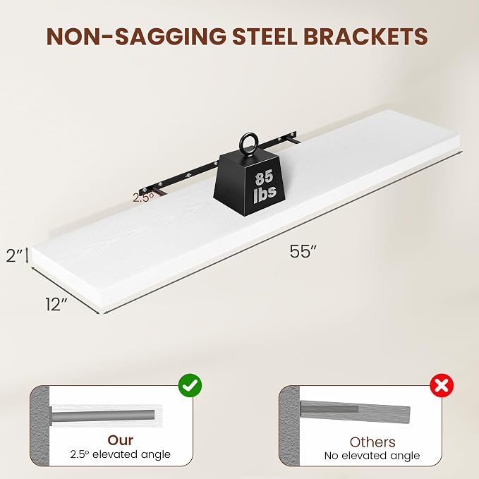 Vivelove Deep Floating Shelves 55x12” Set of 2, White | Easy Install With Hardware, 2" Thick, Invisible Brackets, Wall Mounted, No Sagging, For Any Room