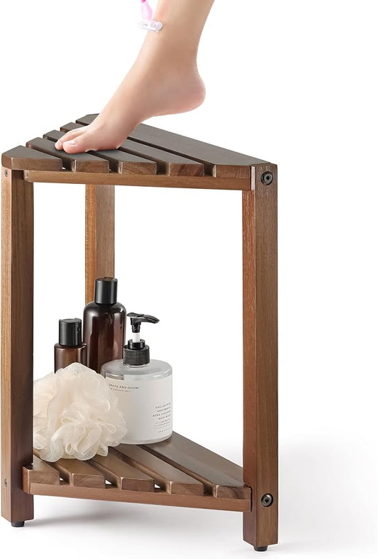 Bluewest 16.5 Inch Walnut Corner Shower Stool for Shaving Legs with Shelf | Acacia Wood Waterproof Shower Foot Rest and Wooden Corner Bench for Shaving Legs and Seating Inside Small Shower Spaces.