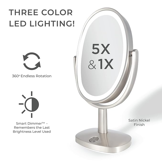 Zadro Newport 10" by 18" Oval LED Lighted Makeup Mirror with Magnification 5X/1X Touch Control Makeup Mirror with Lights