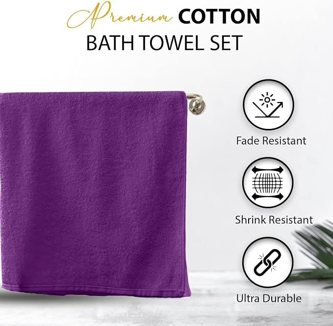 KAHAF COLLECTION 100% Cotton Bath Towels, 24x48 Pack of 6 Towels, Quick Dry, Highly Absorbent, Soft Feel Towel, Gym, Spa, Bathroom, Shower, Pool, Luxury Soft Towels (Dark Purple, 24x48-6 Pack)