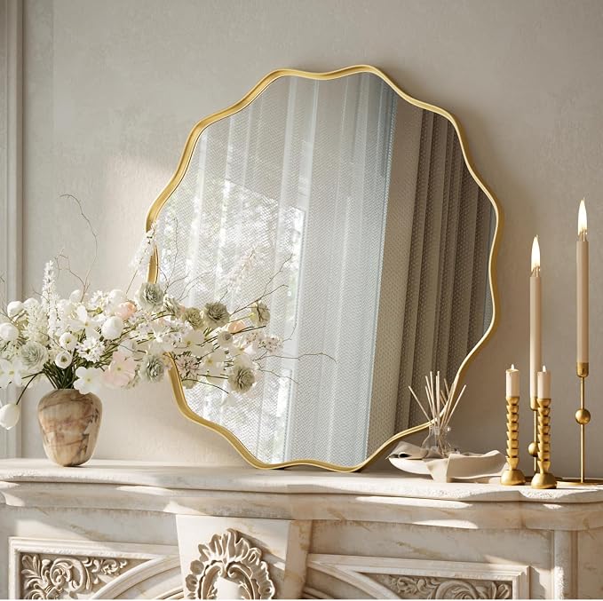 Gold Scalloped Circle Mirror, 20" Wavy Edge Round Wall Mirror | Tempered Glass Textured Circular Metal Deep Frame, Hanging Leaning for Bathroom, Hallway, Entryway, Living Room