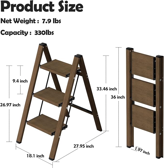 Taranta 3 Step Stool Foldable,Aluminum Step Ladder-Walnut | Lightweight,Wide Anti-Slip Pedals,Folding Stool,330lbs Capacity for Household,Kitchen,Office