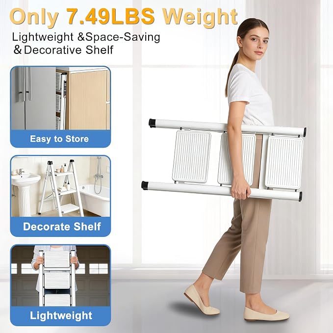 3 Step Ladder Folding Step Stool Sturdy Carbon Steel Frame | 500LBS Capacity Sturdy Anti-Slip Thick Pedal & Feet Portable for Home Kitchen Garage(white-3step)