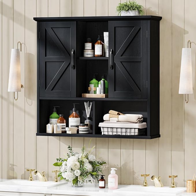 Vabches Bathroom Wall Cabinet, Farmhouse Medicine Cabinet with Double Barn Door and Adjustable Shelves, Wooden Vintage Storage Cabinet Wall Mounted for Bathroom, Kitchen Dining, Rustic Black