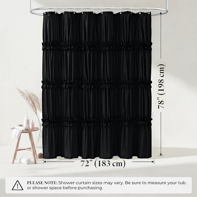LIPA Boho Shower Curtain Rustic Ruffle Shower Curtain with Ruched & Bow Vintage Farmhouse Shower Curtains for Bathroom Bohemian Bathroom Decor(Black,72x78 Inches)