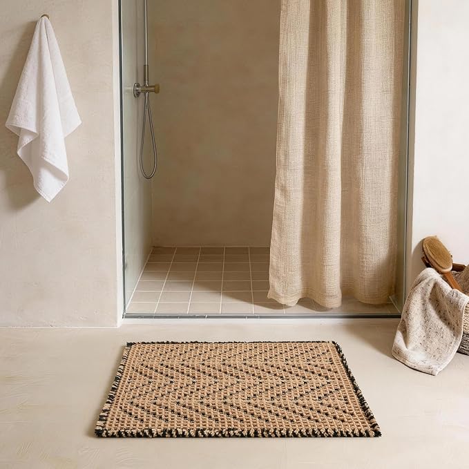 Sunfly Waffle Bath Mat, Boho Bathroom Rugs Non Slip Washable Super Absorbent Quick Dry Bath Mat Farmhouse Bathroom Decor, 16"x24" Black &Khaki