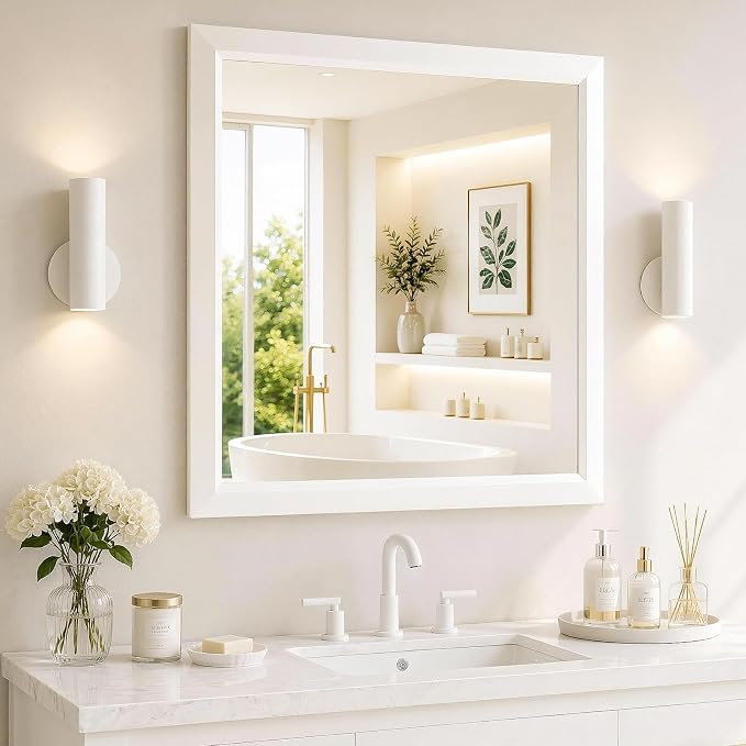 White Bathroom Mirror for Over Sink, 32x36Inch Thick Anti-Rust Metal Frame, Rectangle Decorative Wall Mirror with HD Tempered Glass Horizontal or Vertical Mount for Vanity, Bedroom, Living Room