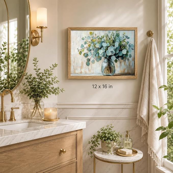 Wood Framed Rustic Eucalyptus Wall Art Sage Green in Glass Plants Vase Canvas Painting Picture Wall Decor Farmhouse Neutral Poster Print Artwork for Living Room, Bedroom, Bathroom Home Decoration