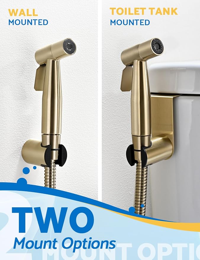 Bidet Sprayer for Toilet, Adjustable Pressure, Gold | Leak-Free Hose, Tank or Wall Mount, Feminine Wash, Cloth Diaper Rinse, Stainless Steel Body, Nozzle, Soft Silicone Nozzle
