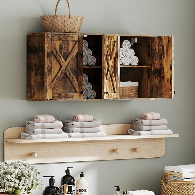 YOURLITE Laundry Cabinet, Medicine Cabinet, Bathroom Kitchen Storage Wall Mounted Farmhouse Organizer with Shelves Over Toilet, 36" Wide, Rustic