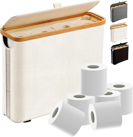 Toilet Paper Roll Storage Basket with Lid for 12 Rolls | Slim Organizer for Small Spaces, Anti-Slip Base, Outer Handles, Waterproof, Foldable Design, Bathroom & Motorhome, Beige 30L