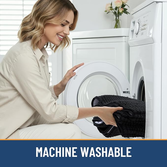 Arotive Chenille Bathroom Rugs 47x17, Soft Absorbent Bath Mat, Black | Rubber Backing, Machine Washable Dry Bath Mats for Bathroom Floor, Tub and Shower, Home Decor Accessories