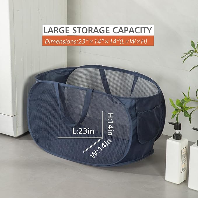 Sturdy Mesh Laundry Hamper Basket Bag,collapsible Pop up for Laundry Room | Folding Foldable Baskets with Side Pocket Travel Clothes Organizer for Bathroom,Kids Room,College Dorm (Horizontal,Grey)