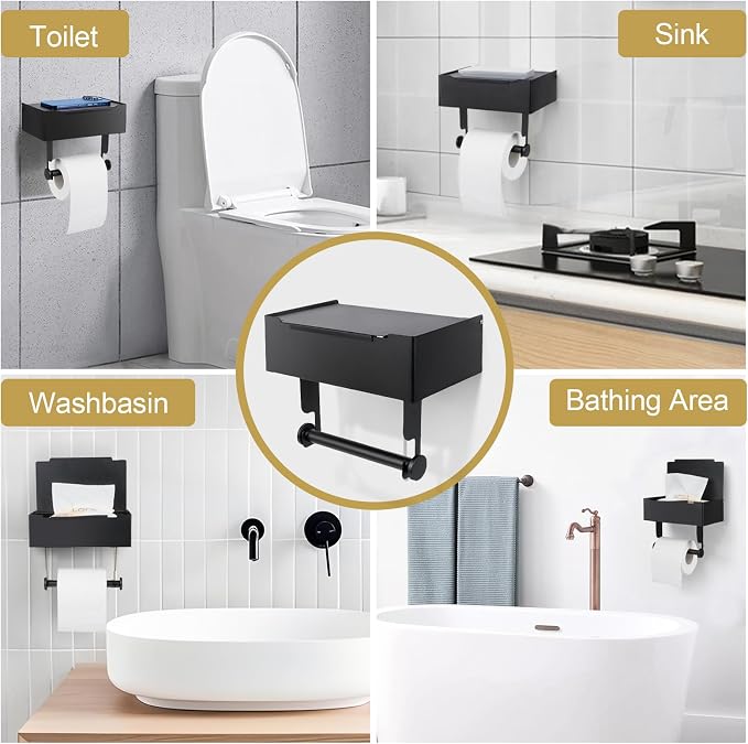 Beileqi 2 Pack Matte Black Toilet Paper Storage Holder with Shelf for Wet Wipes, Sanitary Tampon, Trash Bags, Bathroom Wipes Holder Accessory Space Saver and Organizer