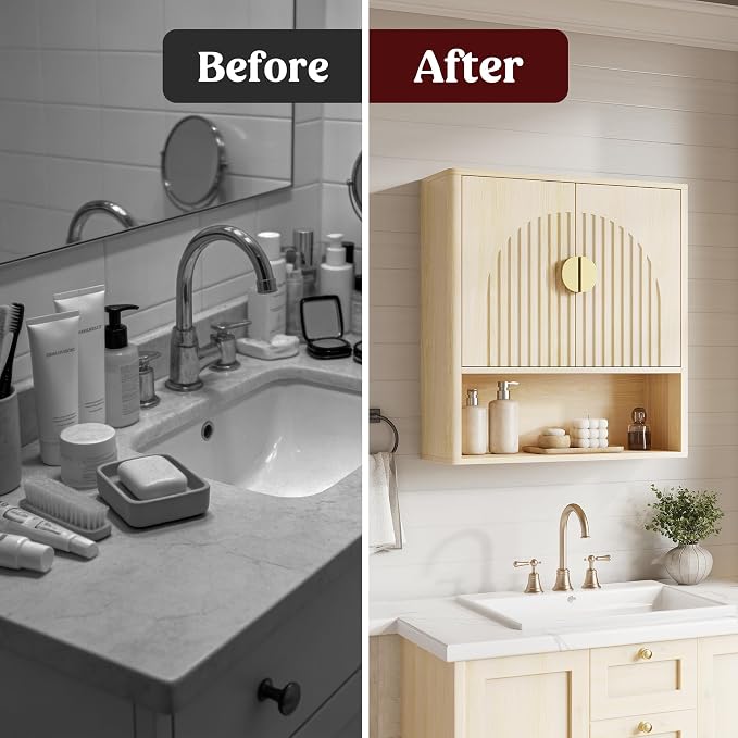 Bathroom Wall Cabinet, Fluted Medicine Cabinet, Natural | Adjustable Wood Shelf, Over The Toilet Storage Cabinet for Laundry Room, Living Room, Rounded Metal Handle, 2 Doors