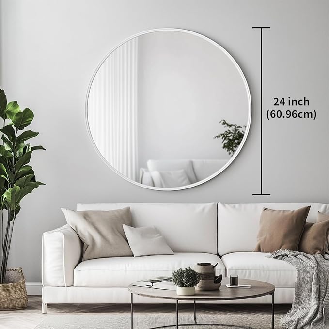 White Round Mirror, White Round Mirror 24 inch, Circle Wall Mirrors Metal Frame, Circular Mirrors for Bathroom, Wall, Living Room, Entryway, Hallway, Vanity, Rustic