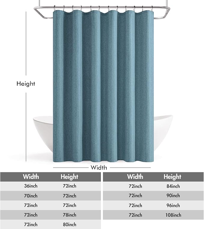 ANRODUO Moonlight Blue Long Linen Fabric Shower Curtain Set - W72xL108 | Farmhouse Shower Curtain with 12 Metal Hooks, Waterproof Heavy Duty, Button Hole Design, Machine Washable for Bathroom