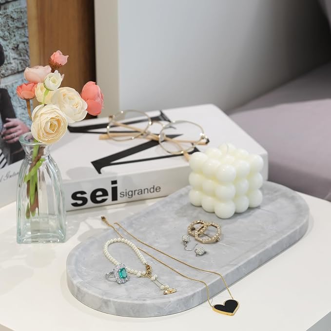 Grey Marble Tray for Bathroom Countertop, 12"x6" Vanity Decorative Marble Tray for Dresser, Stone Catchall Trays for Perfume, Candles, Jewelry, Stone Gray Storage Trays for Home Decor