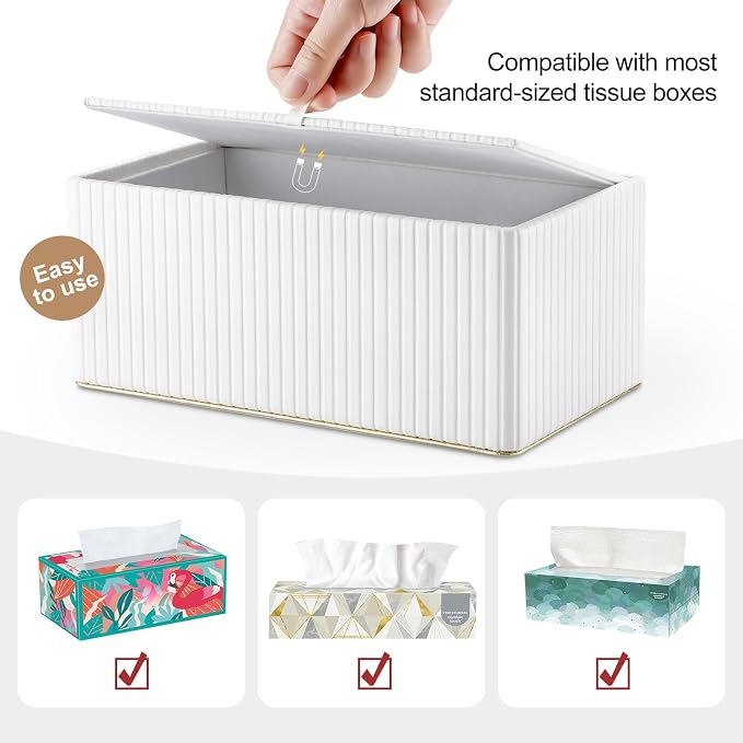 Rectangular Tissue Box Cover, PU Leather Tissue Box Holder with Magnetic Bottom, Napkin & Facial Tissue Holder Dispenser Decorative Box Cover for 120-count (3-Ply) 160-count (2-Ply) White