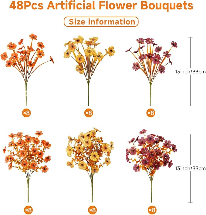Alupssuc 48 Bundles Artificial Fall Flowers, UV Resistant Faux Mums Porch | Silk & Plastic, 13 Inch Tall, for Indoor Outdoor Planters Yard Patio Window Box, Autumn Outside Realistic Fake Decoration