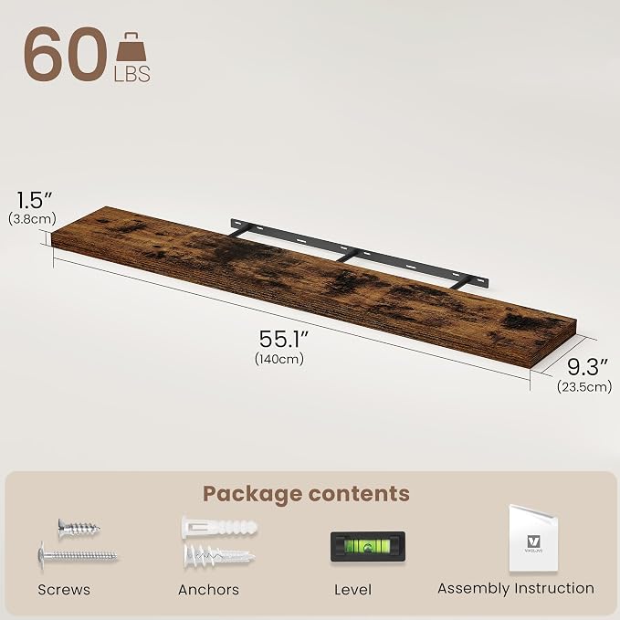 Vivelove Floating Shelves 9 inch Deep 55”Long Set of 2, Rustic Brown | Easy Install With Hardware, 1.5" Thick, Invisible Brackets, Wall Mounted, No Sagging, For Any Room