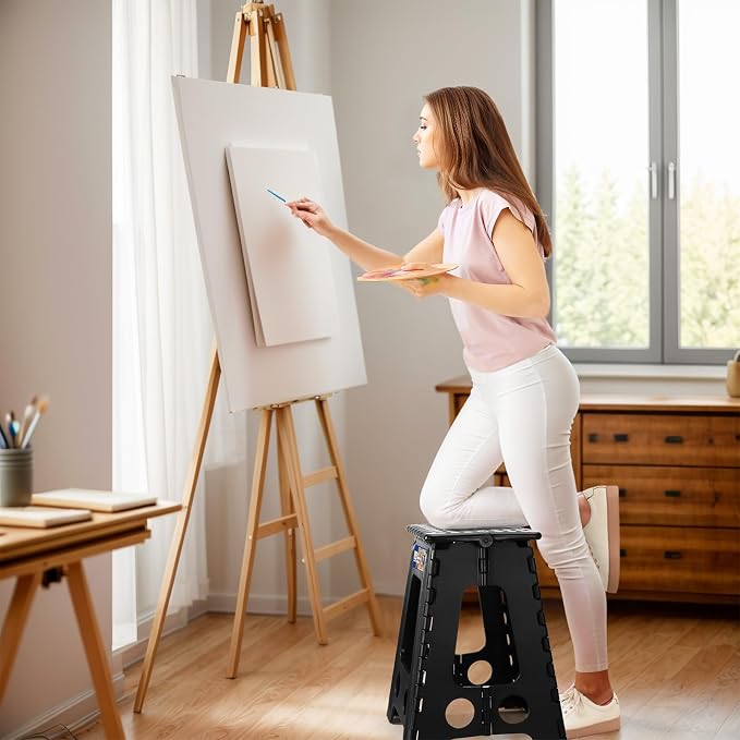 ACKO 16 Inch Folding Step Stool with Safety Lock, Holds 400 lbs, Black | Portable Foldable Stools with Handle, Heavy Duty Collapsible Non-Slip Foot Stool for Adults & Kids, Kitchen Bathroom Outdoor